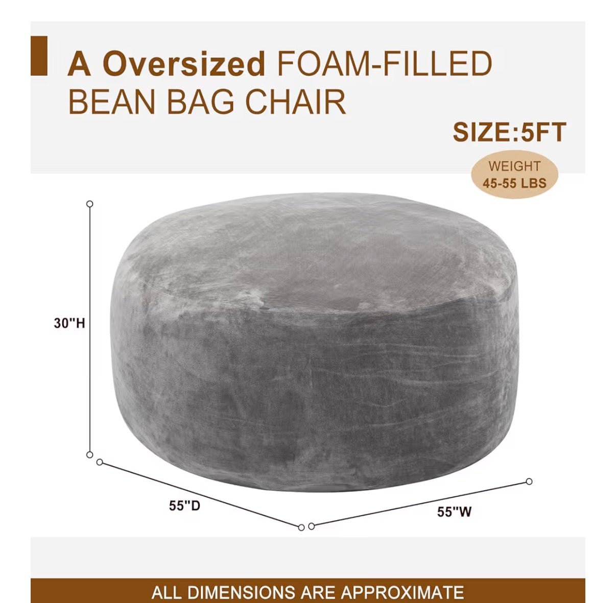 Luxury 5ft Oversized Bean Bag Chair - Premium Foam Filled Lounge Seating - Orvanta