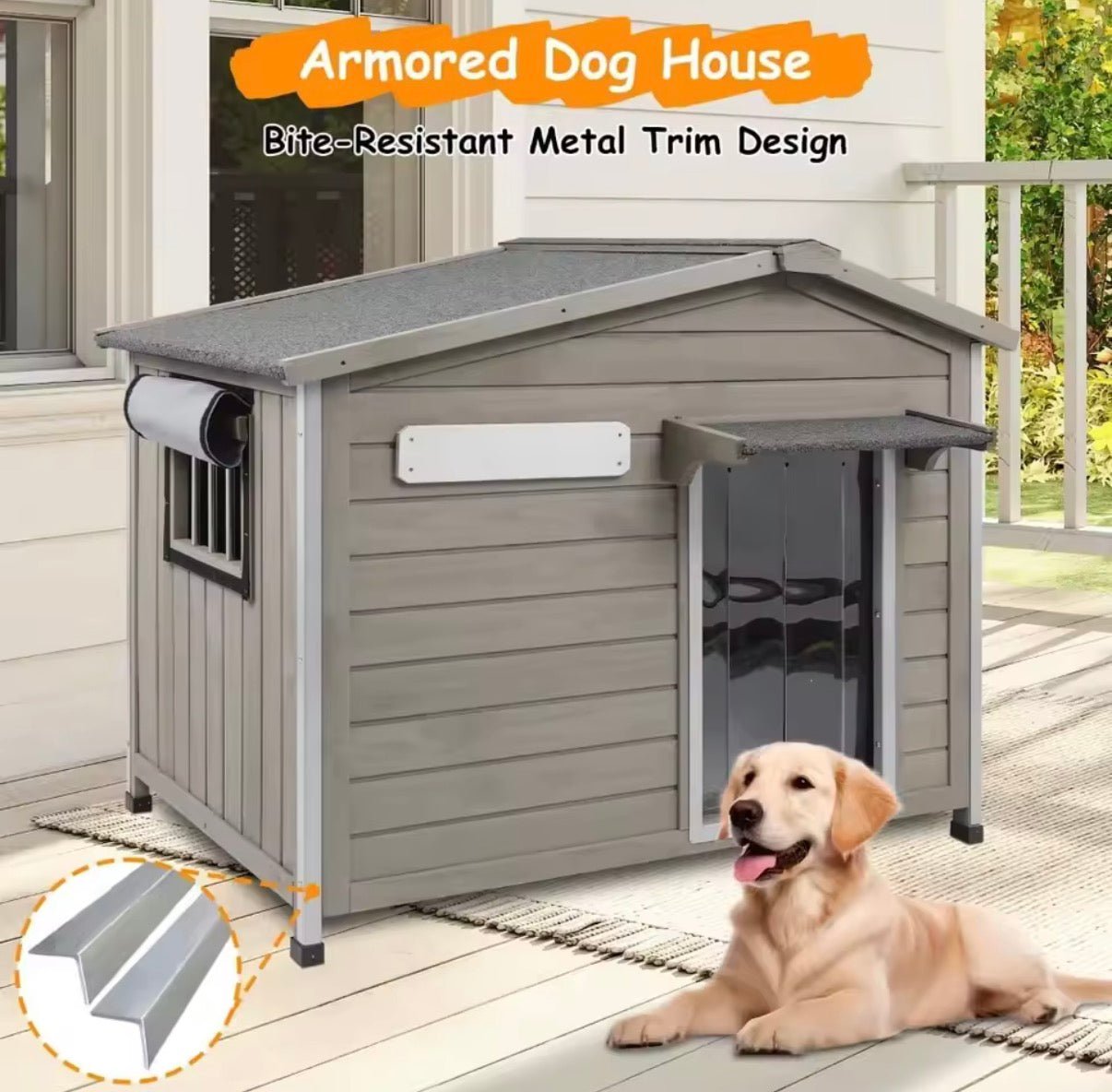 Armored Dog House - Outdoor Wooden Dog House with Bite - Resistant Metal Trim - Convert - o - Bench