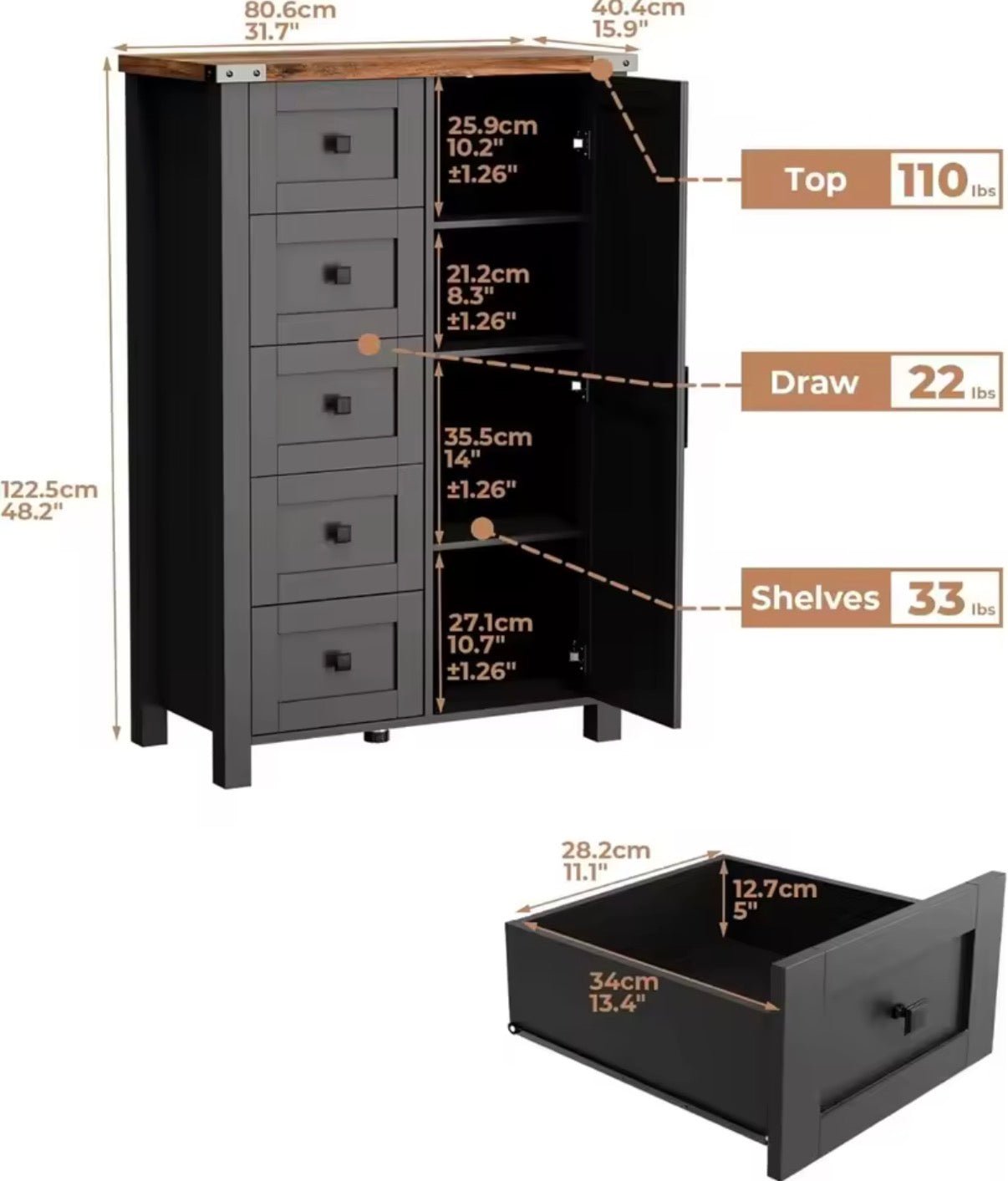 Farmhouse Tall Dresser - 48 Inch 5 Drawer Storage Cabinet with Barn Door - Convert - o - Bench