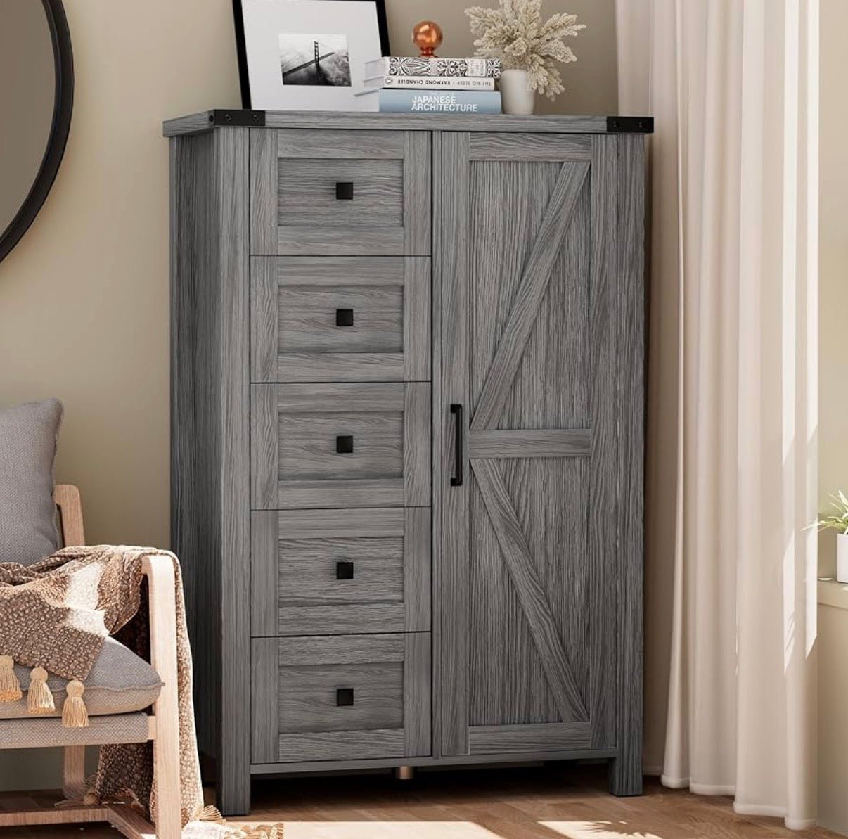 Farmhouse Tall Dresser - 48 Inch 5 Drawer Storage Cabinet with Barn Door - Convert - o - Bench