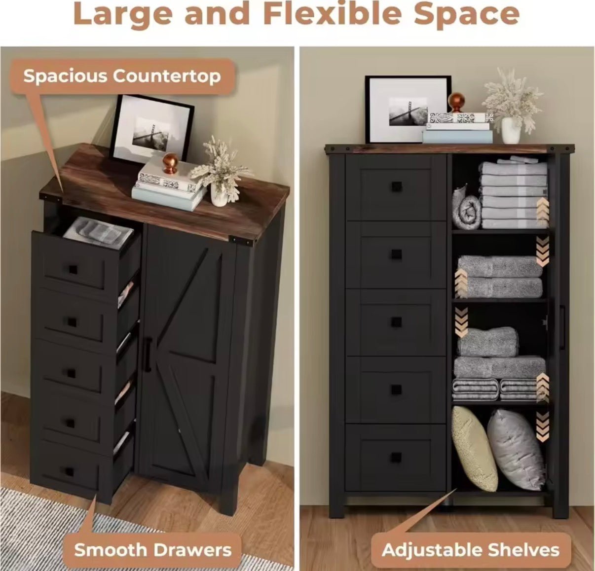 Farmhouse Tall Dresser - 48 Inch 5 Drawer Storage Cabinet with Barn Door - Convert - o - Bench