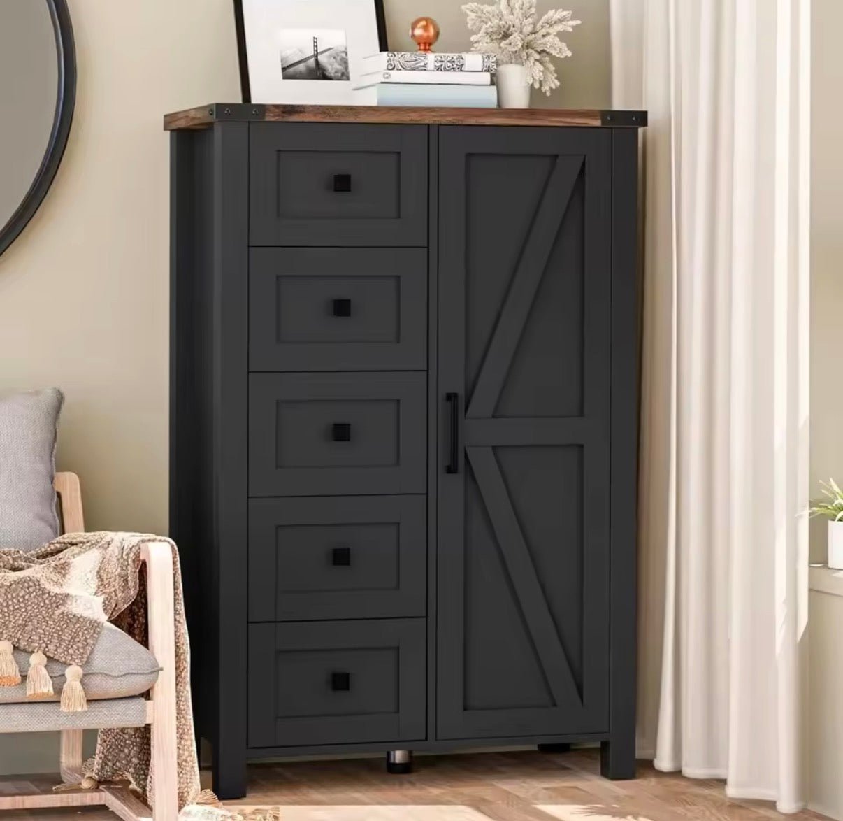 Farmhouse Tall Dresser - 48 Inch 5 Drawer Storage Cabinet with Barn Door - Convert - o - Bench