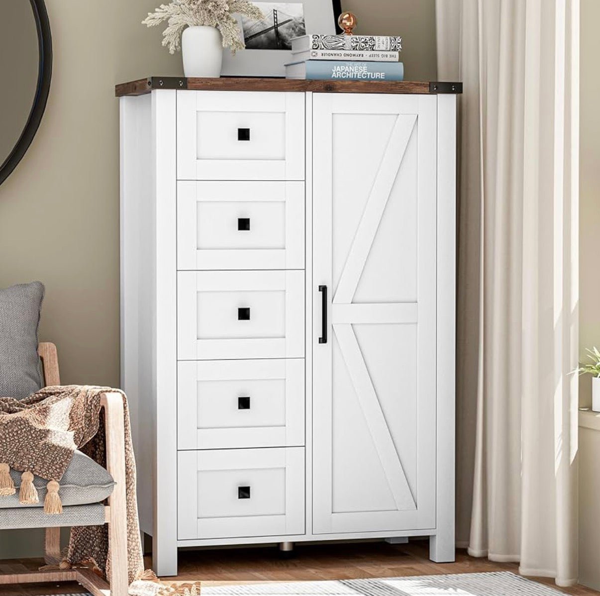 Farmhouse Tall Dresser - 48 Inch 5 Drawer Storage Cabinet with Barn Door - Convert - o - Bench