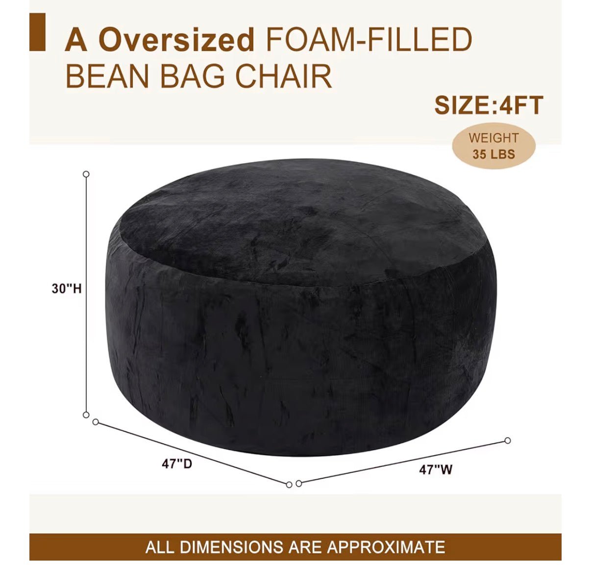 Luxury 5ft Oversized Bean Bag Chair - Premium Foam Filled Lounge Seating - Orvanta