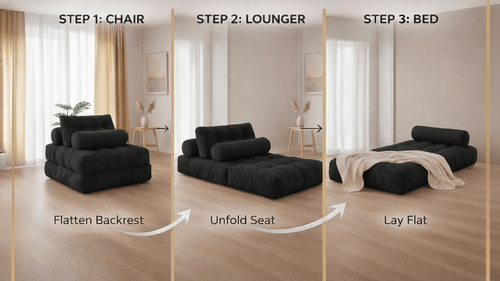 Three-step diagram of the Orvanta 3-in-1 convertible floor sofa bed in charcoal gray: flatten the backrest to go from chair to lounger, then unfold the seat to lay flat as a bed