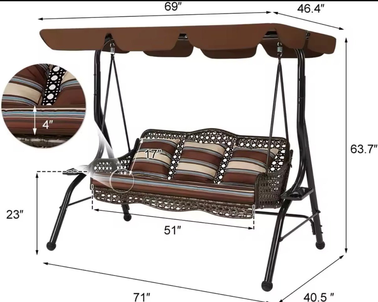 Outdoor Porch Swing with Canopy - 3 Person Patio Swing Chair with Cushions - Convert - o - Bench