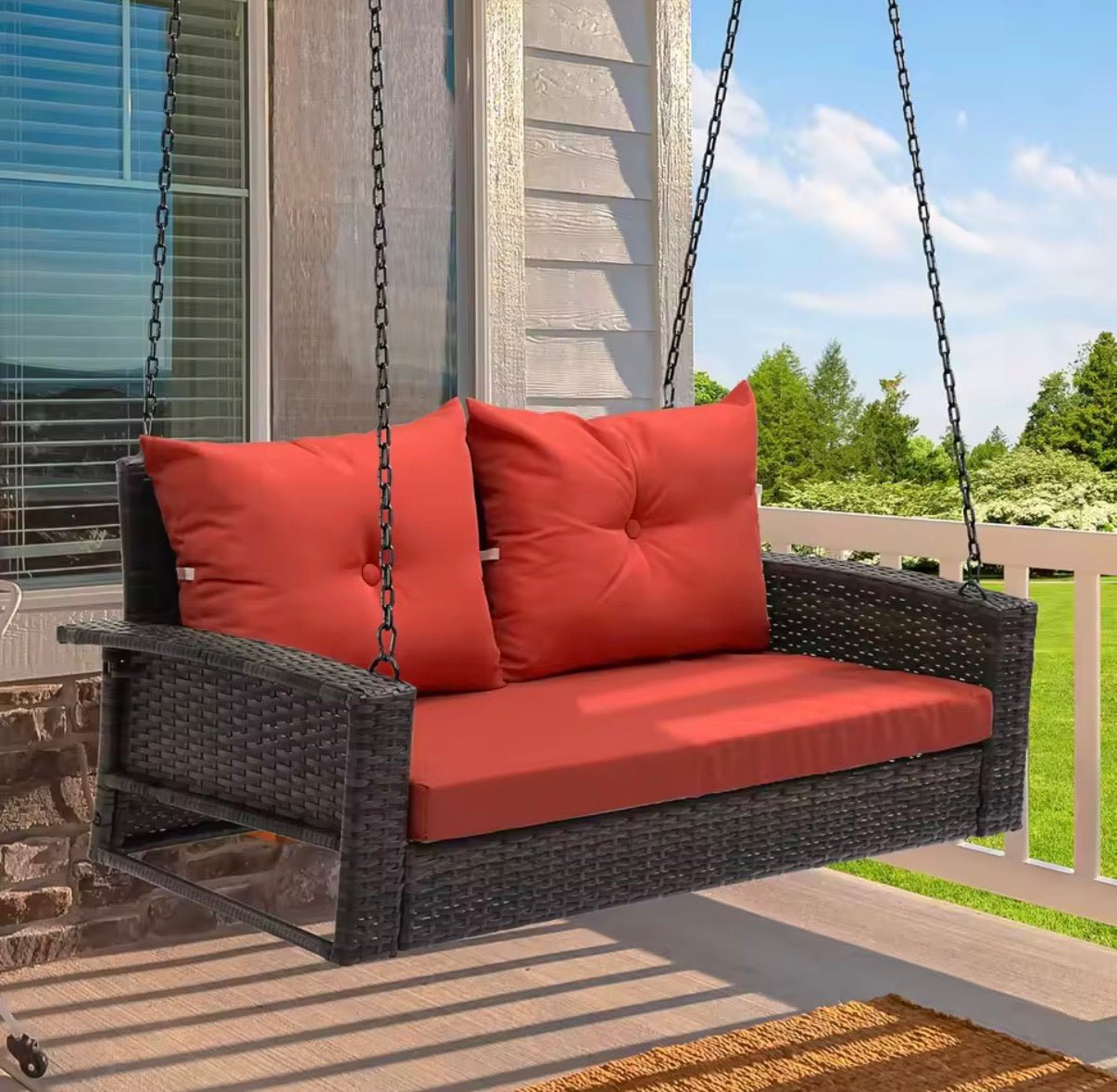 Outdoor Porch Swing with Cushions - Wicker Hanging Swing Bench for Patio - Convert - o - Bench